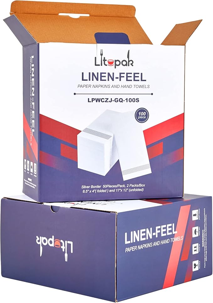 LITOPAK 100 Pack Guest Towels Disposable, Soft And Absorbent Bathroom Napkins, Paper Guest Towels for Bathrooms, Party, Wedding or Events. White and Silver