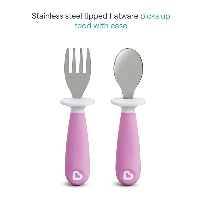 Munchkin® Raise™ Toddler Fork and Spoon Utensil Set, Rest Keeps Tip Off Table, BPA Free, 4 Pack, Pink/Purple
