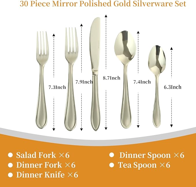 Champagne Silverware Set, 30-Piece Stainless Steel Champagne Flatware, 18/0 Stainless Steel Utensils, Dishwasher Safe, Modern Tableware for Home & Kitchen Dining