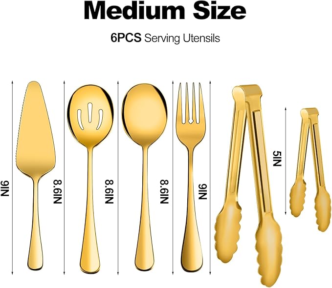 Serving Utensils, XEVOM 6-Piece Stainless Steel Serving Utensil Set Include Serving Spoon, Slotted Serving Spoon, Serving Fork,Serving Tong, Appetizers Tong,Pie Server(Gold)