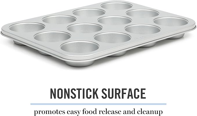 Martha Stewart Gallen 12 Cup Nonstick Carbon Steel Muffin and Cupcake Pan - Silver Durable Bakeware for Muffins, Cupcakes & Mini Cakes