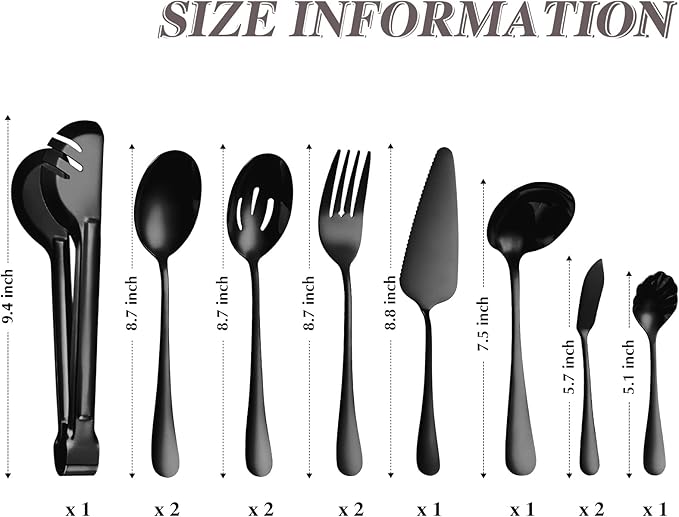 12 Pieces Black Serving Utensils, Stainless Steel Fine Vintage Serving Utensils with Serving Spoons Kitchen Mixing for Cake Server,Soup Ladle,Butter,Stirring,Tongs Ect Decorate Wedding