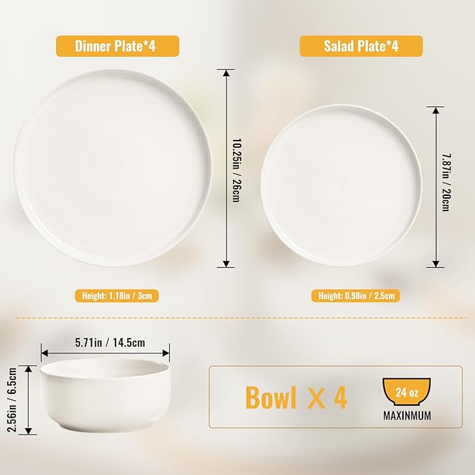 EWFEN Plates and Bowls Sets, 12 Pieces Stoneware Dinnerware Set for 4, Ceramic Dishware Dishes Set, Scratch Resistant Dishes Set, Dishwasher & Microwave Safe