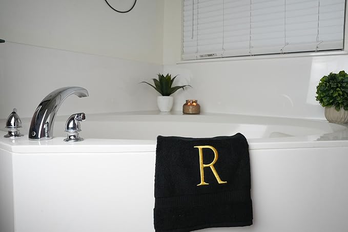 Gold and Black Monogrammed Hand Towel - Monogram Initial Hotel Quality Decorative Embroidered Luxury Towel for Powder Room, Spa - GOTS Organic Certified - Pack of 2, Letter R