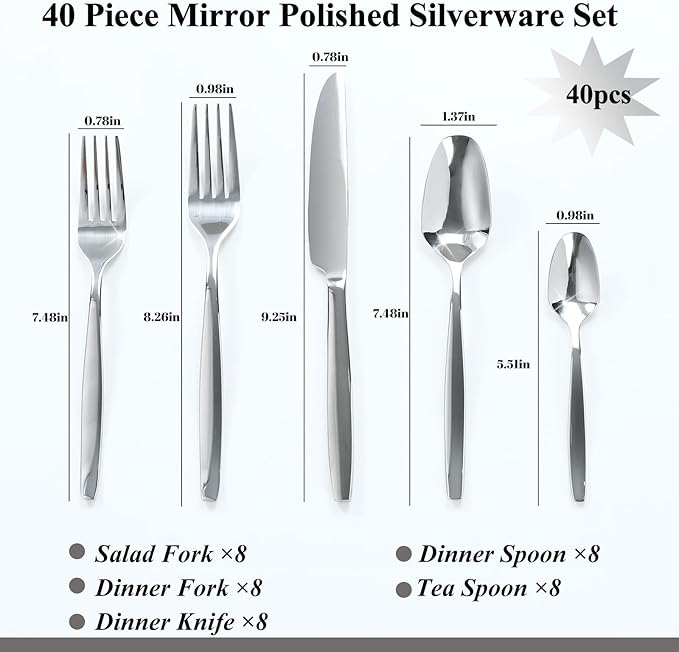 40-Piece Silverware Set,Stainless Steel Flatware Utensils Cutlery Set for 8,Including Steak Knife Fork and Spoon,Dishwasher Safe,Modern Tableware for Home & Dining