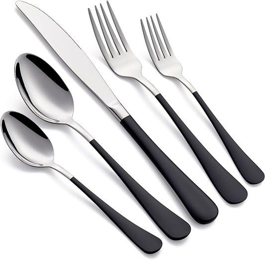 20-Piece Black Silverware Set 18/0 Stainless Steel Silverware Set Black Handle Cutlery Set Service for 4 Dinner Knives Forks Spoons Set Flatware Set Finish Dishwasher Safe