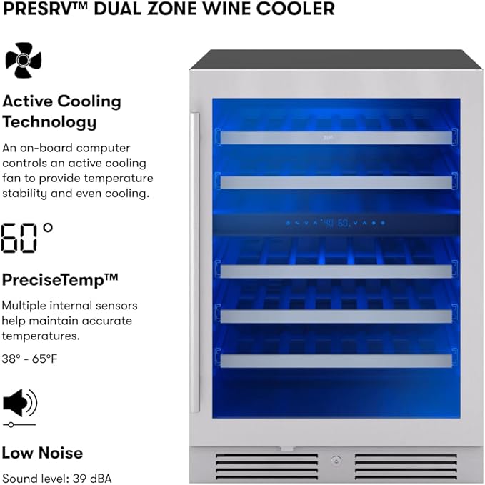 Zephyr Presrv 24" Wine Fridge Dual Zone Under Counter - Countertop Mini Wine Cooler Cellars Small Cabinet Wine Refrigerator Home Bar Chiller Freestanding with Glass Door, 45 Bottles 750ml