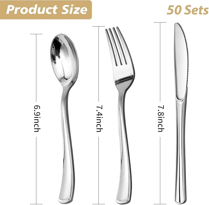 Goodluck 150PCS Silver Plastic Silverware, Silver Utensil Disposable, Plastic Cutlery Set of 50 Forks, 50 Spoons, 50 Knives for Wedding, Party, Christmas