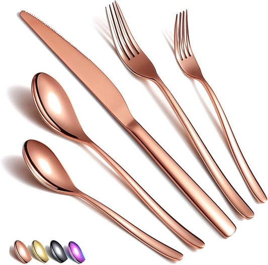Silverware Set 20 Pieces, Stainless Steel Flatware Set, Titanium Plated Rose Gold Cutlery with Copper Utensils for 4