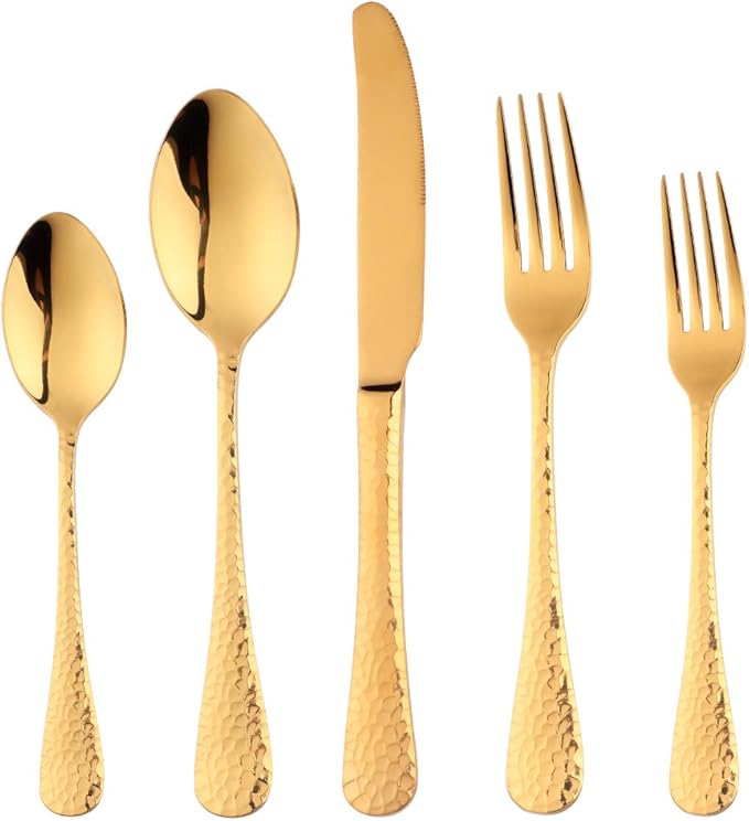 5-Piece Gold Silverware Flatware Set Service for 1 Stainless Steel Cutlery Set Include Dinner Knife Table Fork Table Spoon Salad Fork Tea Spoon for Wedding, Dishwasher Safe