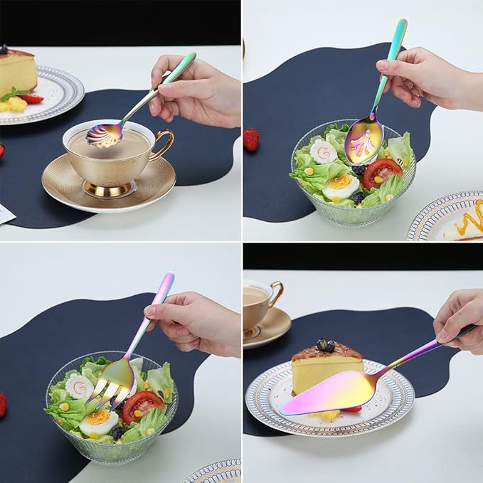 Rainbow Silverware Set 46 Piece, Stainless Steel Flatware Set, Cutlery With Cake Server, Serving Spoon, Slotted Serving Fork, Sugar Spoon, Butter Knife (Shiny Rainbow)