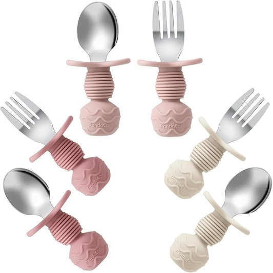 PandaEar 6 Pack Stainless Steel Toddler Spoons and Fork Feeding Set - Anti-Choke First Self Feeding Utensils for Kids Baby Girls Led Weaning Ages 18 Months+ (Pink/Beige)