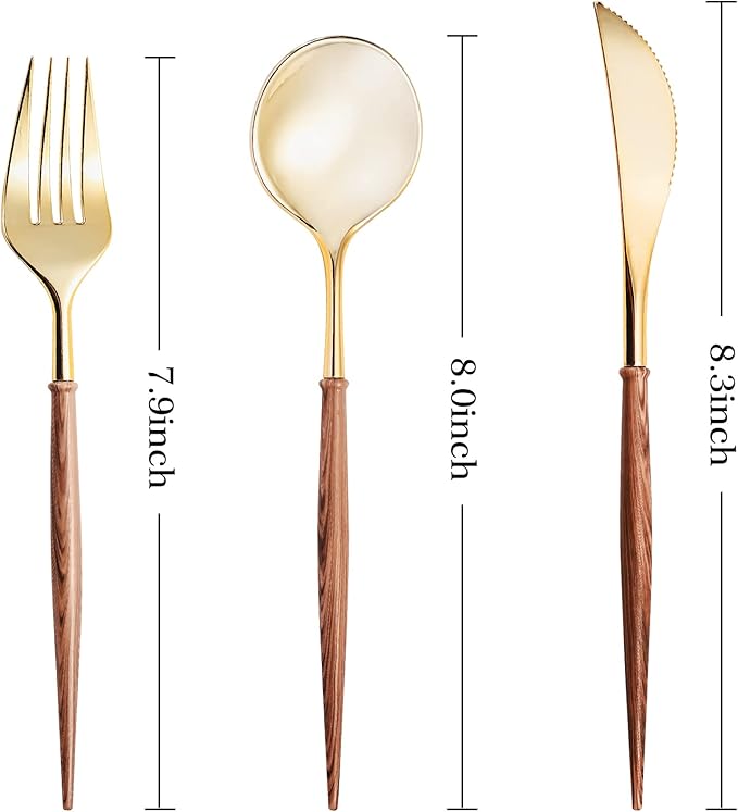 Lullaby 60pcs Gold Plastic Silverware, Gold Disposable Cutlery with Wood Grain Handle Include 20 Forks, 20 Spoons, 20 Knives, Elegant Disposable Silverware for Wedding, Party, Gathering, Daily Use