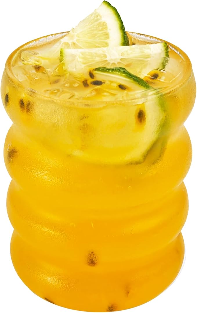 Ribbed Glass Cup 10 Oz Vintage Drinking Glassware Creative Small Ripple Glasses for Iced Coffee Juice Beverage Milk Cocktail Cute Wavy Glass Cups