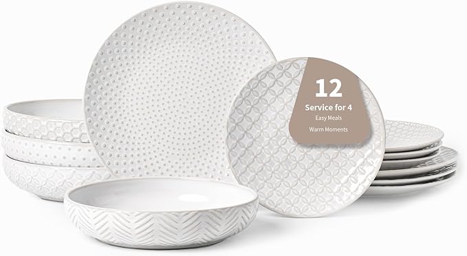 12-Piece Embossed Dinnerware Set–4 Dinner Plates,4 Salad Plates,4 Pasta Bowls,Ceramic, Dishwasher & Microwave Safe,Elegant Rustic Tableware for Family Use