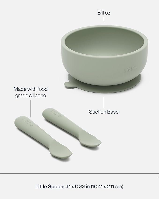 Lalo First Bites Starting Solids Silicone Baby Feeding Set with Suction Bowl, 2 Spoons and 1 Bib - 4-Piece Baby-Led Weaning Supplies - Non-Toxic Silicone Infant Tableware - Sage