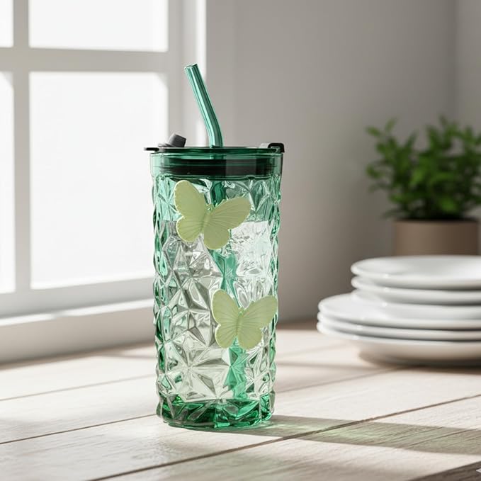 2 Pcs Glass Cups with Lids and Straws, 10oz Glass Tumblers, Butterfly Cups, Green Drinking Glasses, Amber Glassware