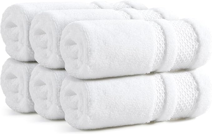 REDKISS Luxury Washcloths for Showering, 13x13 inch, 100% Cotton Premium Wash Cloths Set of 6, Super Soft and Highly Absorbent Face Towels for Bathroom, Spa, Gym and Hotel, White