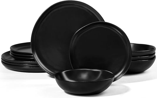 Herogo 12Pcs Plates and Bowls Set for 4, Irregular Handmade Stoneware Dinnerware, Crack and Scratch Resistant, Microwave & Dishwasher Safe, Reactive Glaze, Artistic Rustic Tableware, Matte Black