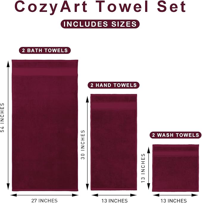 COZYART Burgundy Bath Towel Set 6 Piece, 2 Bath Towels 2 Hand Towels 2 Washcloths, Luxury 100% Turkish Cotton 650GSM Hotel Quality, Soft, Absorbent, Towel Sets for Bathroom
