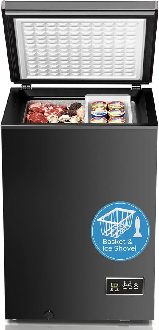 Antarctic Star Chest Freezer 3.2 Cubic Feet 14℉ to -40℉ Low Temperature Freezer with Removable Basket, Free Standing Top open Door Deep Freezer,Adjustable Temperature for Home,Basement, Kitchen, Black