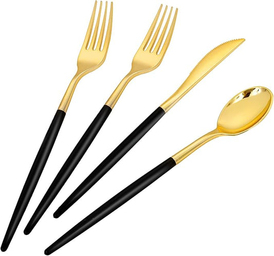 SUT Gold Plastic Silverware (160Pcs) Forks and Spoons Disposable, 80 Gold Plastic Forks, 40 Gold Knives, 40 Gold Spoons, Black and Gold Utensils Set Disposable for Parties, Weddings,New Year