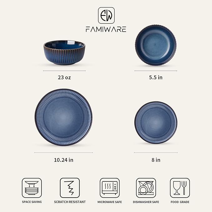 Famiware Starlight Plates and Bowls Dishes Set of 6 (18 Pieces), Ribbed Textured Stoneware Dinnerware Sets- Dishwasher & Microwave Safe, Chip & Scratch Resistant, Starry Blue