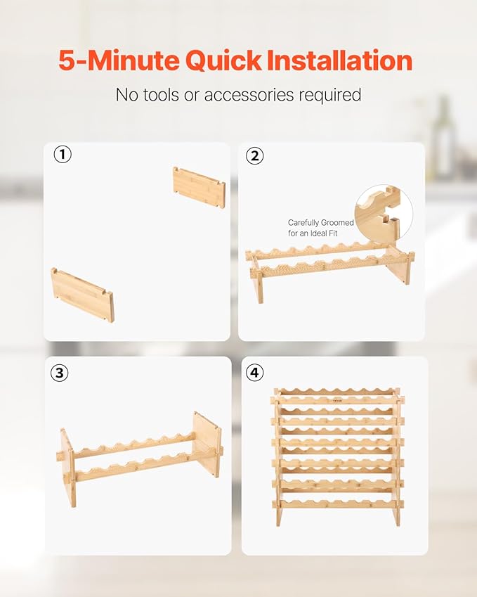 VEVOR 6-Tier 48 Bottles Stackable Modular Wine Rack, Freestanding Wines Holder Display Shelf, Solid Bamboo Wood Storage Racks, Wobble-Free Shelves for Kitchens, Dining Rooms, Cellars, Natural Color