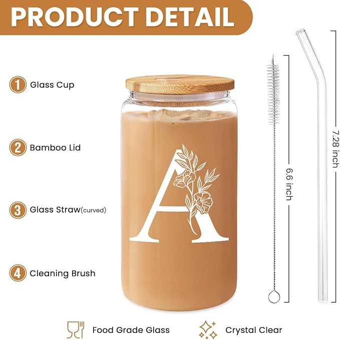 SANDJEST Monogrammed Gifts for Women - Monogram A Initial Glass Cup 16 Oz Can Coffee Cups with Lid and Straw - Monogram Initials Gifts for Womens on Birthday