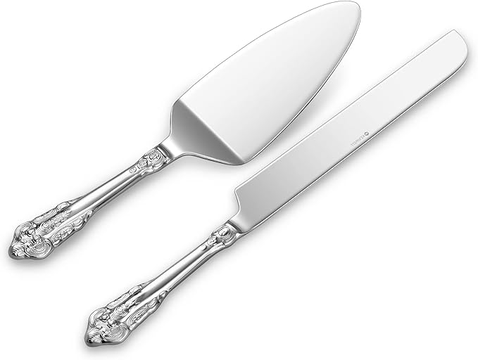 KEAWELL Gorgeous Wedding Cake Knife and Server Set, 18/10 Stainless Steel, Fine Luxury Cake Cutting Set (Silver)