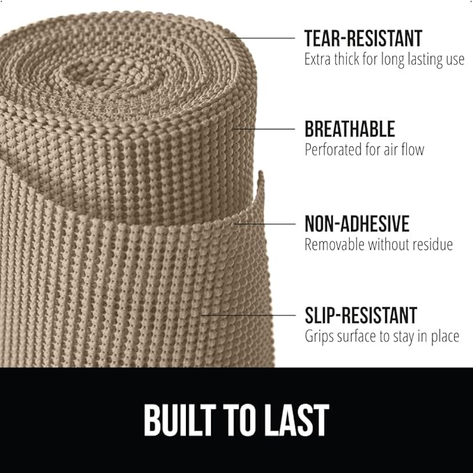 GORILLA GRIP powerGRIP Drawer Shelf and Cabinet Liner, Thick Strong Hold, Non-Adhesive Liners Protect Kitchen Cabinets and Cupboard, Bathroom Drawers, Easy Install, Breathable Mat, 20" x30', Beige