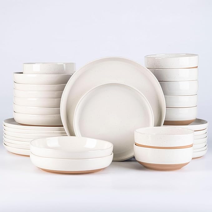 AmorArc Ceramic Dinnerware Sets with Pasta Bowls for 8, Handpainted Plates and Bowls Set with Rustic Terracotta Underside, Scratch Resistant Dishes Set, Dishwasher & Microwave Safe, 32 Pcs