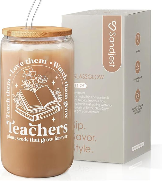 SANDJEST Teacher Glass Can, Teachers Plant Seeds That Grow Forever Cup with Lid & Straw, Coffee Aesthetic Cups, Gift for Christmas Teacher Appreciation, Gifts for Women, 16oz