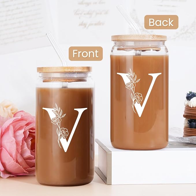SANDJEST Monogrammed Gifts for Women - Monogram V Initial Glass Cup 16 Oz Can Coffee Cups with Lid and Straw - Monogram Initials Gifts for Womens on Birthday