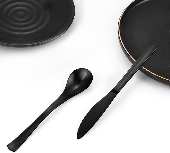 Bysta 12 Piece Black Silverware Set, Knife Fork Spoon Set, Stainless Steel Flatware Cutlery Set, Kitchen Utensil Set Service for 4, Tableware Set for Home and Restaurant, Dishwasher Safe, Satin Finish