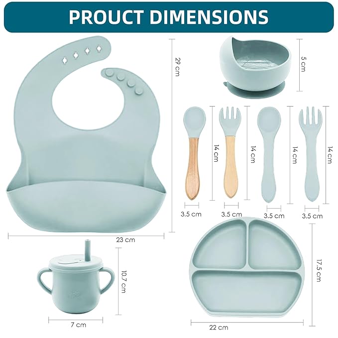 100% Silicone Baby Feeding Set,BPA Free Baby Dishes Set with Suction Bowl Divided Plate,Toddler Self Feeding Dish Set with Spoons Forks Sippy Cup and Bib, Baby Eating Utensils(Light Blue)