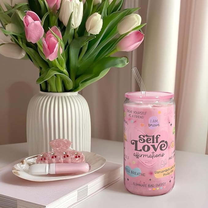 SANDJEST Inspiration Glass Can, Self Love Iced Coffee Aesthetic Cup, Gifts for Christmas Birthday, Gift for Women Girls, 16oz