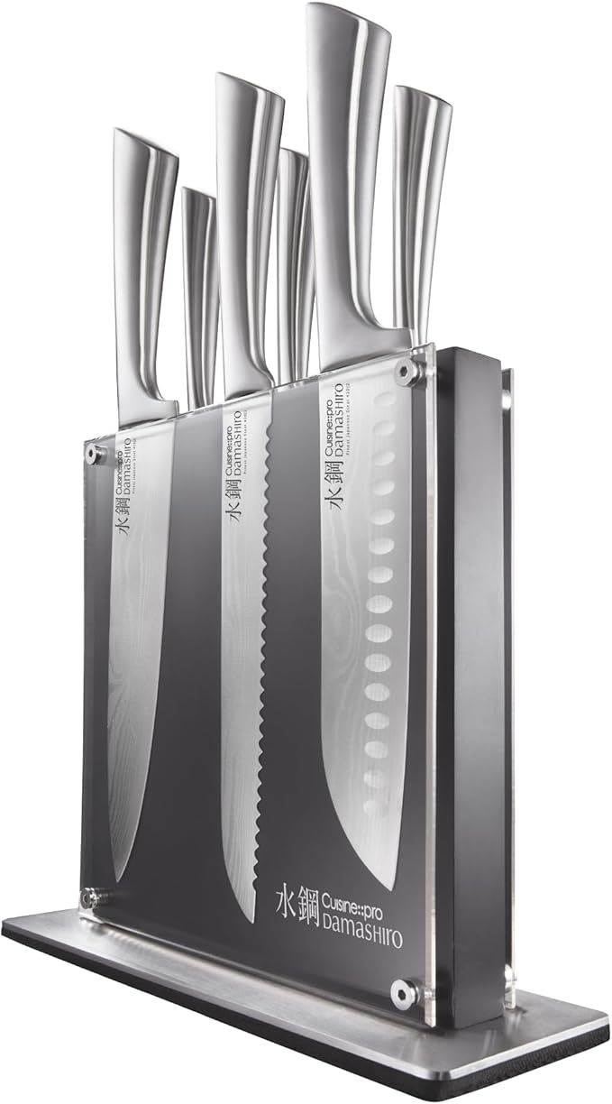Cuisine::pro Damashiro Knife Block (Kumi, 7-Piece Chef Knife Set) - Japanese Steel Knife - Magnetic Knife Block- Damascus-Inspired Blade Kitchen Knives