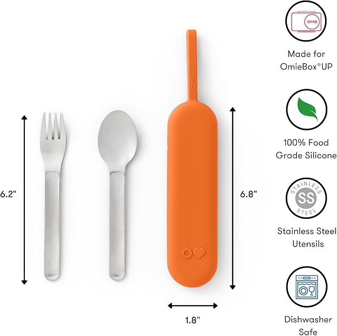 Omie OmieBox Travel Utensil Set | Fork and Spoon with Case for Easy Travel | Stainless Steel Fork and Spoon (Orange)