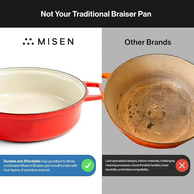 Misen 5.5 QT Braiser – Enameled Cast Iron Pan for Searing, Braising & Slow Cooking – No-Chip Enamel Coating – Extra-Wide Handles – Superior Heat Retention & Even Cooking - Red