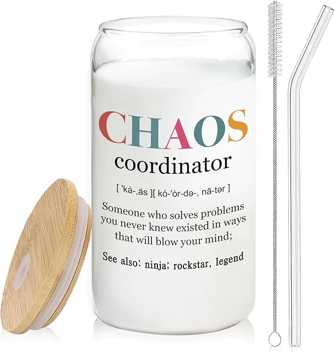 Chaos Coordinator Gifts Glass Cup Lids and Straws 14oz, Appreciation Gifts for Boss Leader Manager Coworker Nurse Mentor, Glass Iced Coffee Tumbler Drinking Jars with Cleaning Brush