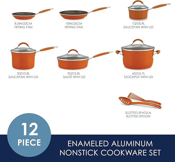 Rachael Ray Cucina Nonstick Cookware Pots and Pans Set, 12 Piece, Pumpkin Orange