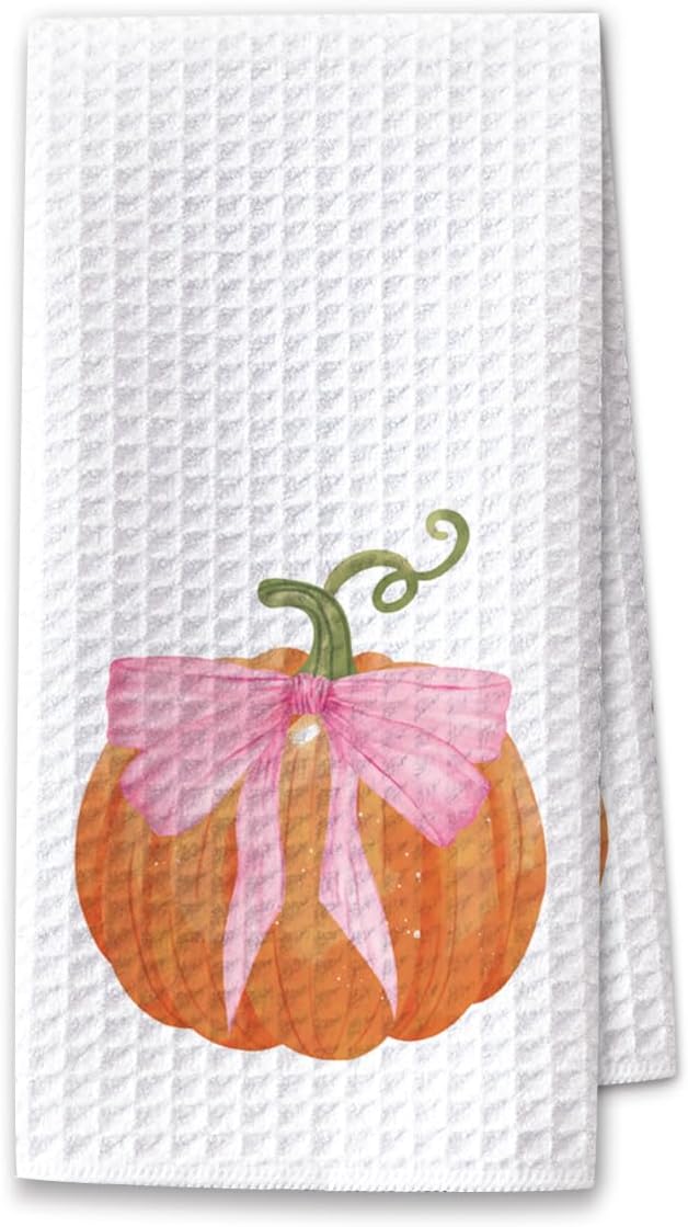 Pumpkin Fall Kitchen Towels, Farmhouse Autumn Dish Hand Towels Microfiber Waffle Weave 16x23.5 Inch, Rustic Thanksgiving Halloween Fall Decor for Kitchen Bathroom-C09