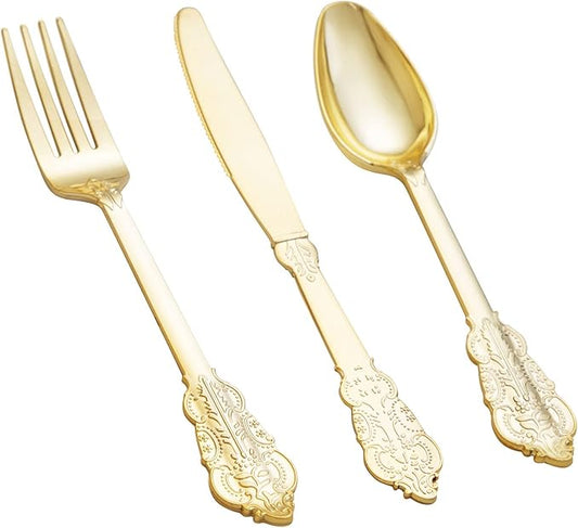bUCLA 600 Pieces Gold Plastic Silverware - Plastic Gold Utensils - Heavyweight Disposable Cutlery - 200 Forks, 200 Spoons, 200 Knives for Party & Thanksgiving