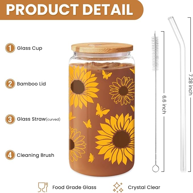 SANDJEST Sunflower Gifts for Women - Sunflower Cup 16 Oz Can Glass Coffee Cups with Bamboo Lid and Straw - Gift for Birthday