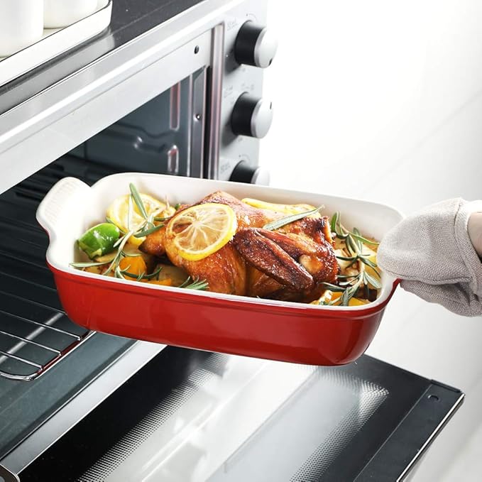 Sweejar Baking Pans Set, Ceramic 9x13 Baking Dish with Handle, Rectangular Casserole Dishes for Oven, Bakeware Sets of 3, Durable Lasagna Pan Deep for Kitchen, Banquet, Wedding Gift(Red)