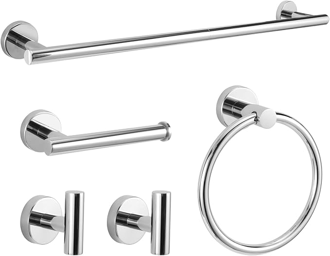 5-Piece Towel Racks for Bathroom, Stainless Steel Bathroom Accessories Set, Bathroom Towel Holder Wall Mounted, Sturdy Bath Towel Bar Set Bathroom Hardware Set (Chrome)