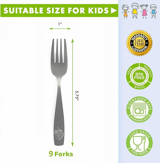 9 Piece Stainless Steel Kids Forks - Child and Toddler Safe Flatware - Kids Utensil Set - Metal Kids Cutlery Set - Includes a Total of 9 Small Kids Forks