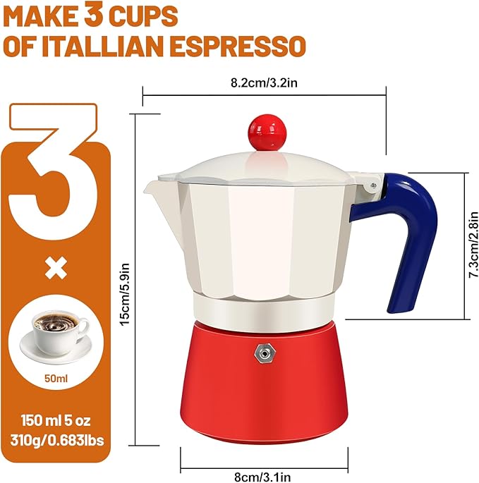 3 Cup Aluminum Espresso Stovetop Moka Pot Express Coffee Maker Percolator Italian Classic Mocha Coffee Machine for Italian and Cuban Cafe Brewing for Home & Camping 150ml 5oz