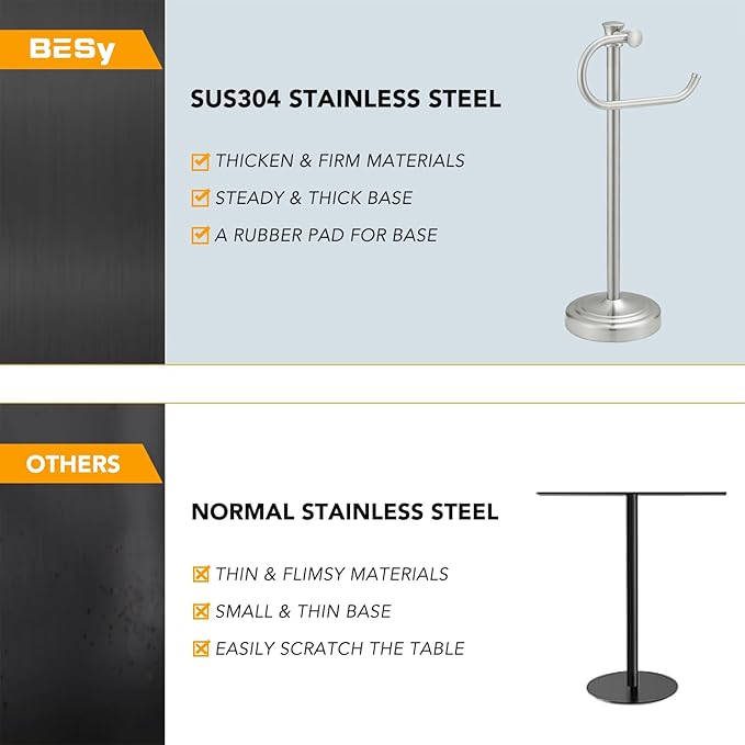 BESy 17 Inch Brushed Nickel Stand Towel Bar Hanger Hand Towel Bar Bathroom Vanity Countertop Towel Holder Free Standing Stainless Steel Towel Ring Hardware Accessories Towel Rack